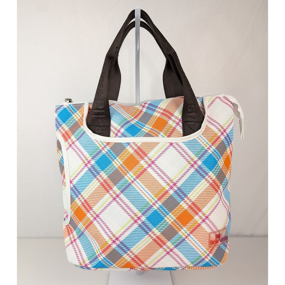 Belle Vesta Woven Colorful‎ Plaid Zipper Top Tote Bag Shoulder Lunch 3 Pocket